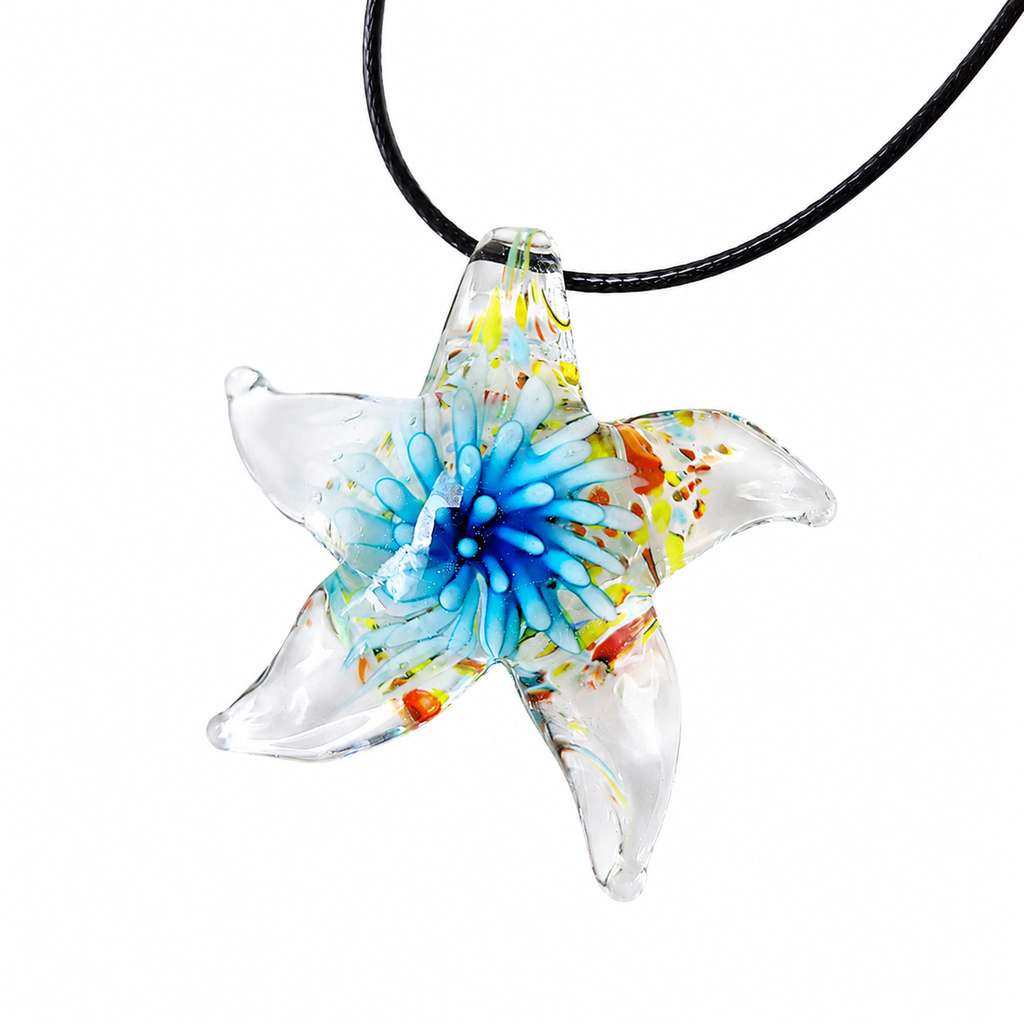 Starfish and Embedded Floral Glass Pendant Necklace